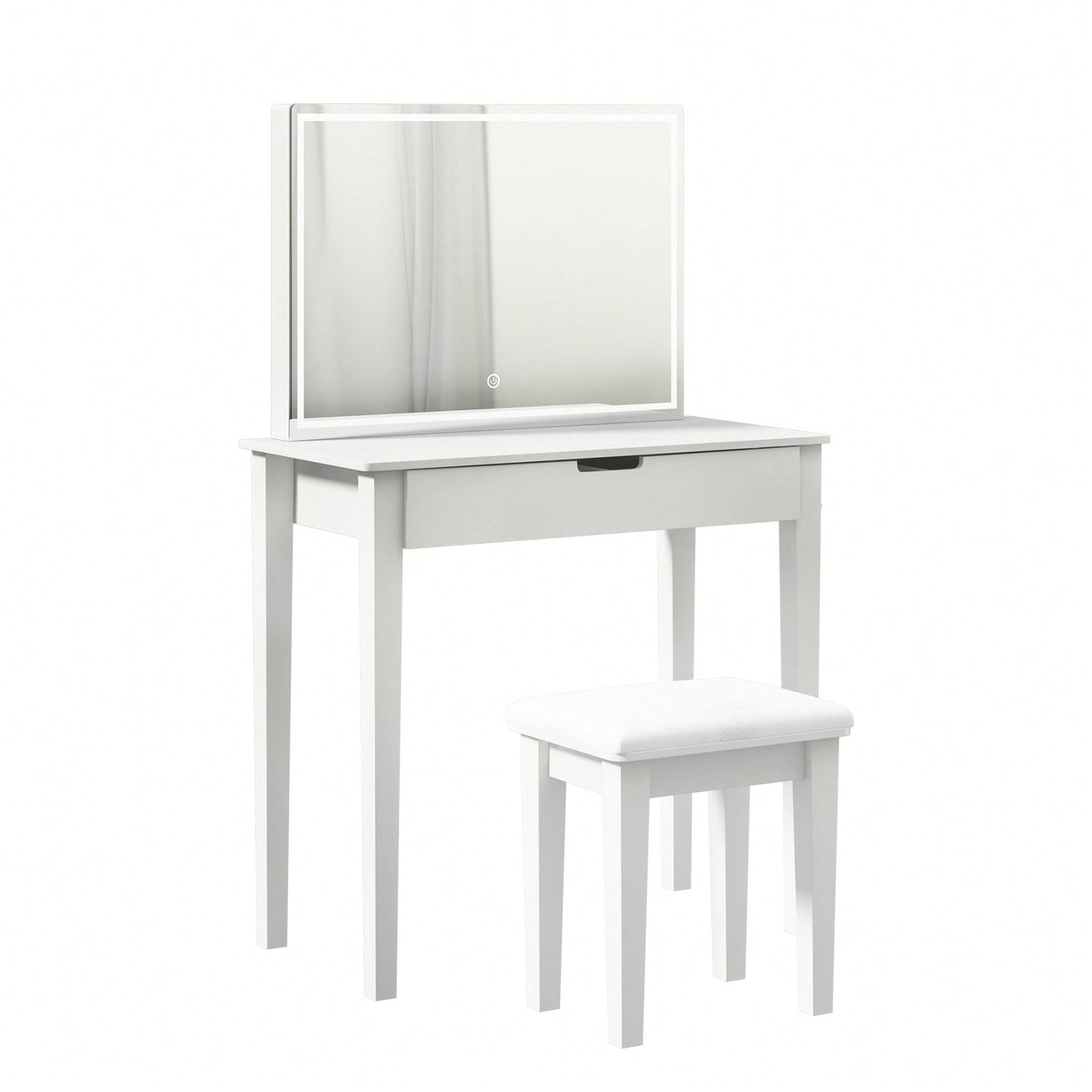 Elegant White Vanity Table With Dimmable LED Mirror And Storage Drawer For Makeup And Cosmetics With Comfortable Stool