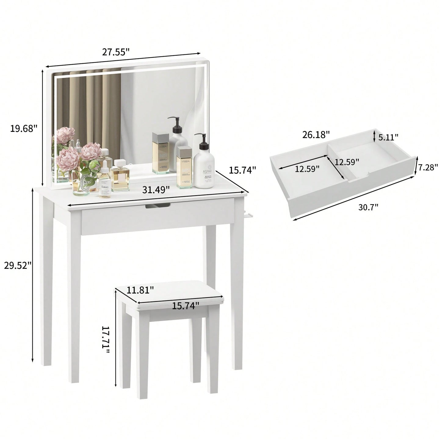 Elegant White Vanity Table With Dimmable LED Mirror And Storage Drawer For Makeup And Cosmetics With Comfortable Stool