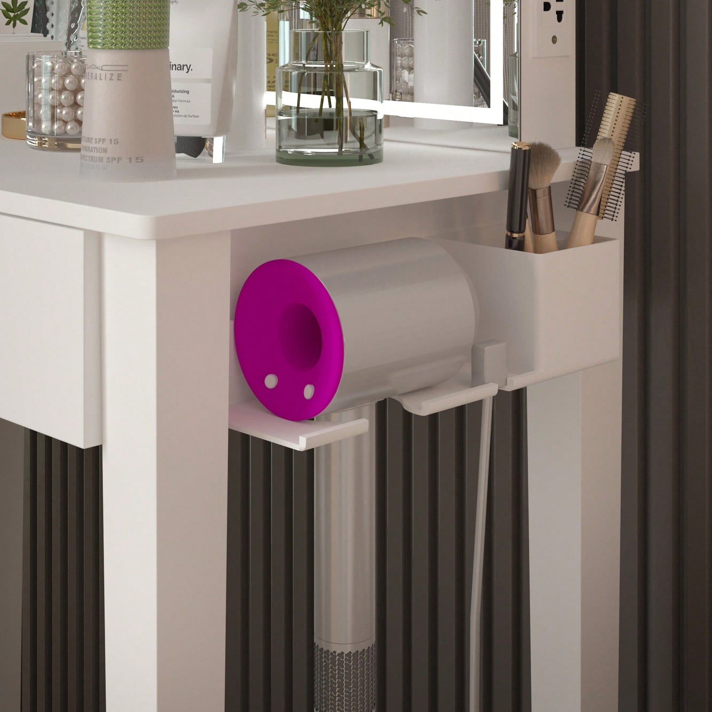 Elegant White Vanity Table With Dimmable LED Mirror And Storage Drawer For Makeup And Cosmetics With Comfortable Stool