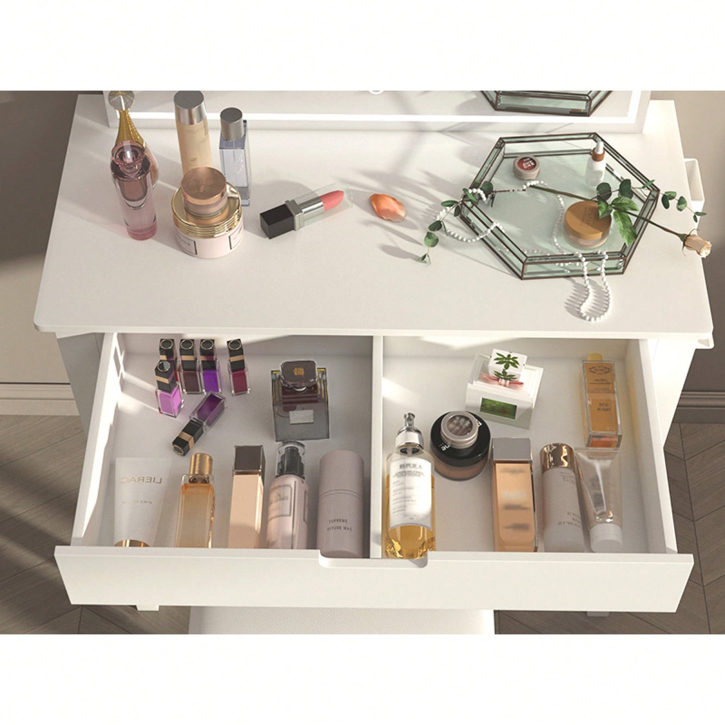 Elegant White Vanity Table With Dimmable LED Mirror And Storage Drawer For Makeup And Cosmetics With Comfortable Stool