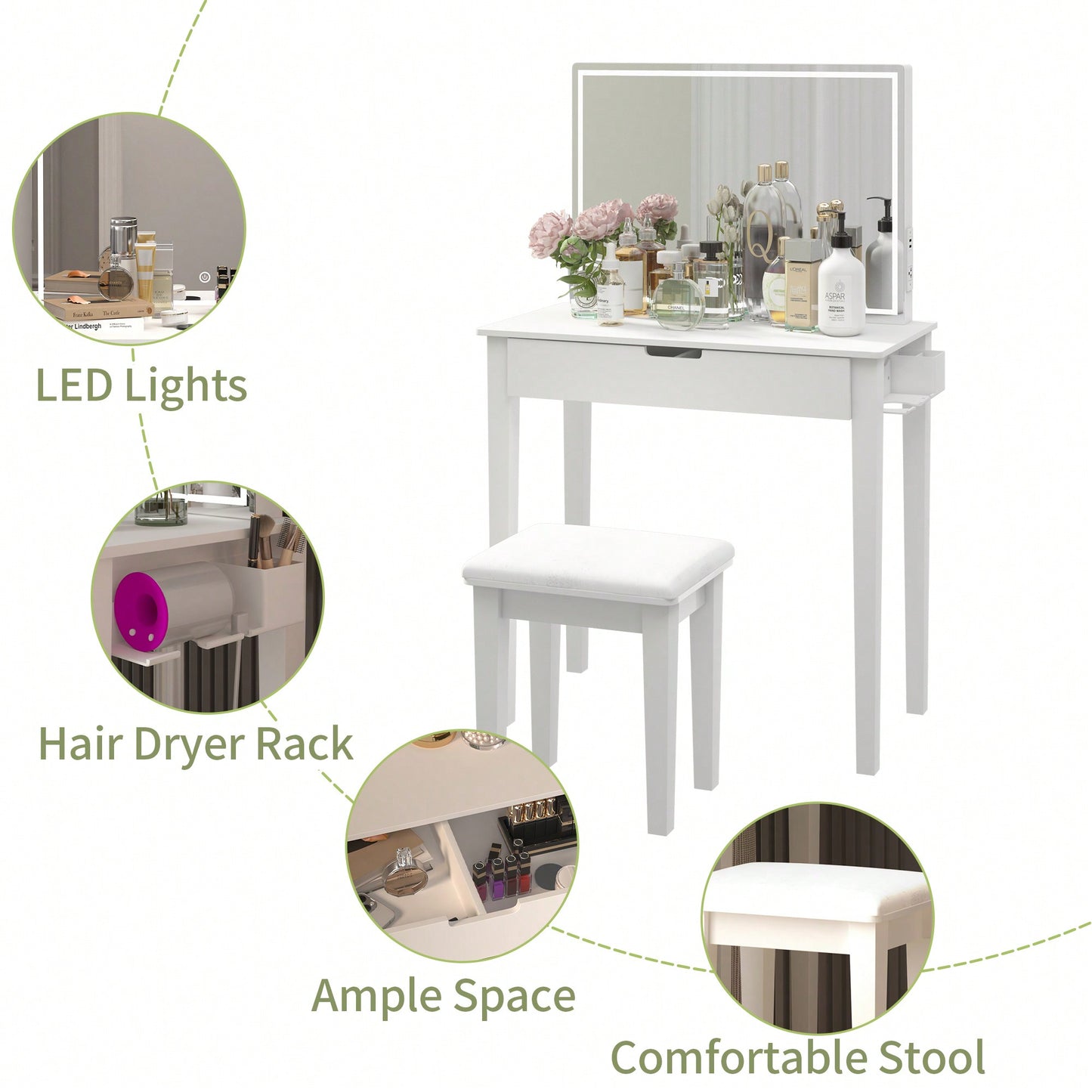 Elegant White Vanity Table With Dimmable LED Mirror And Storage Drawer For Makeup And Cosmetics With Comfortable Stool