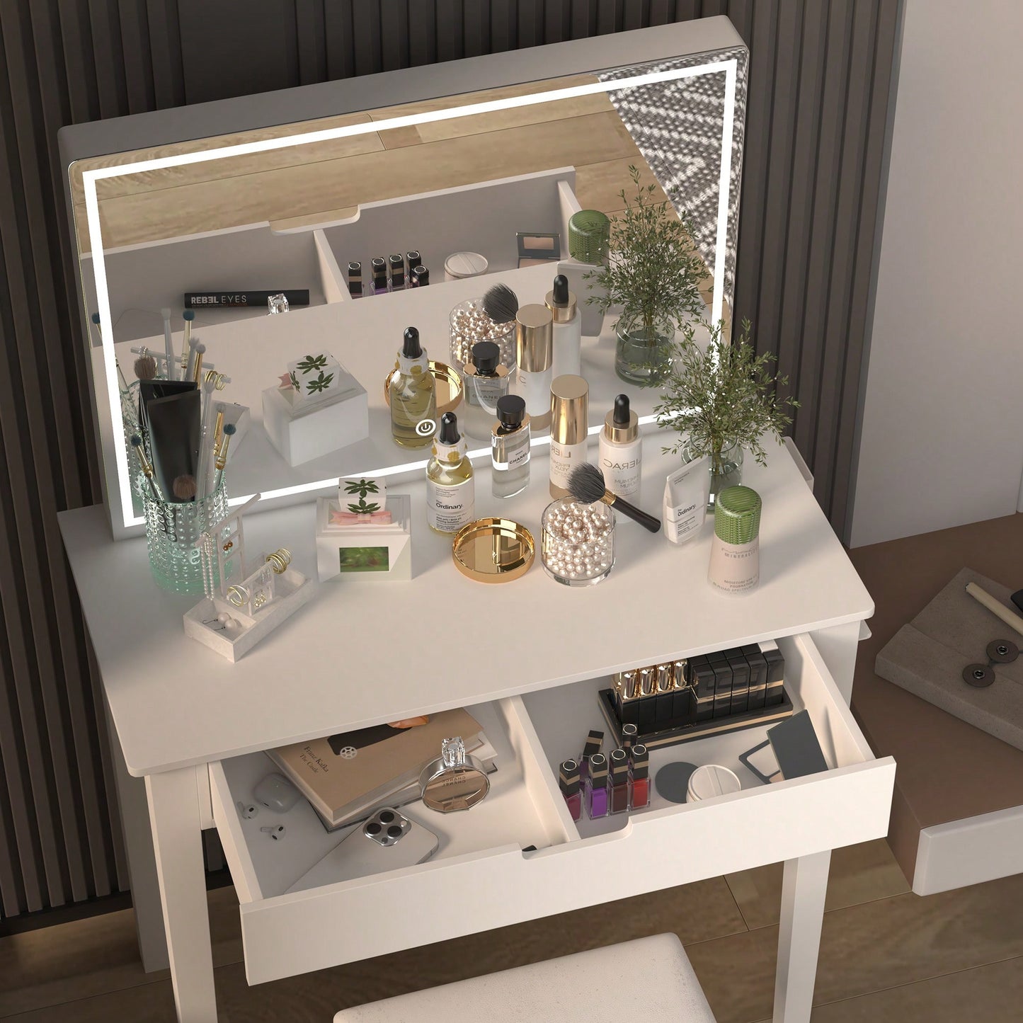 Elegant White Vanity Table With Dimmable LED Mirror And Storage Drawer For Makeup And Cosmetics With Comfortable Stool