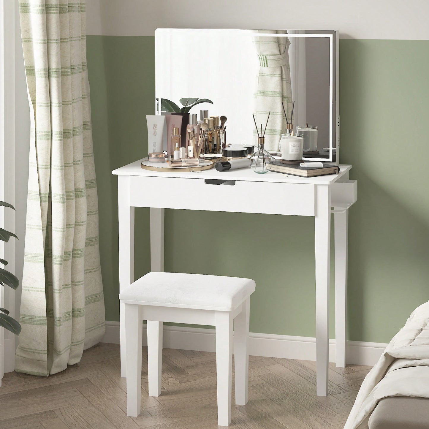 Elegant White Vanity Table With Dimmable LED Mirror And Storage Drawer For Makeup And Cosmetics With Comfortable Stool