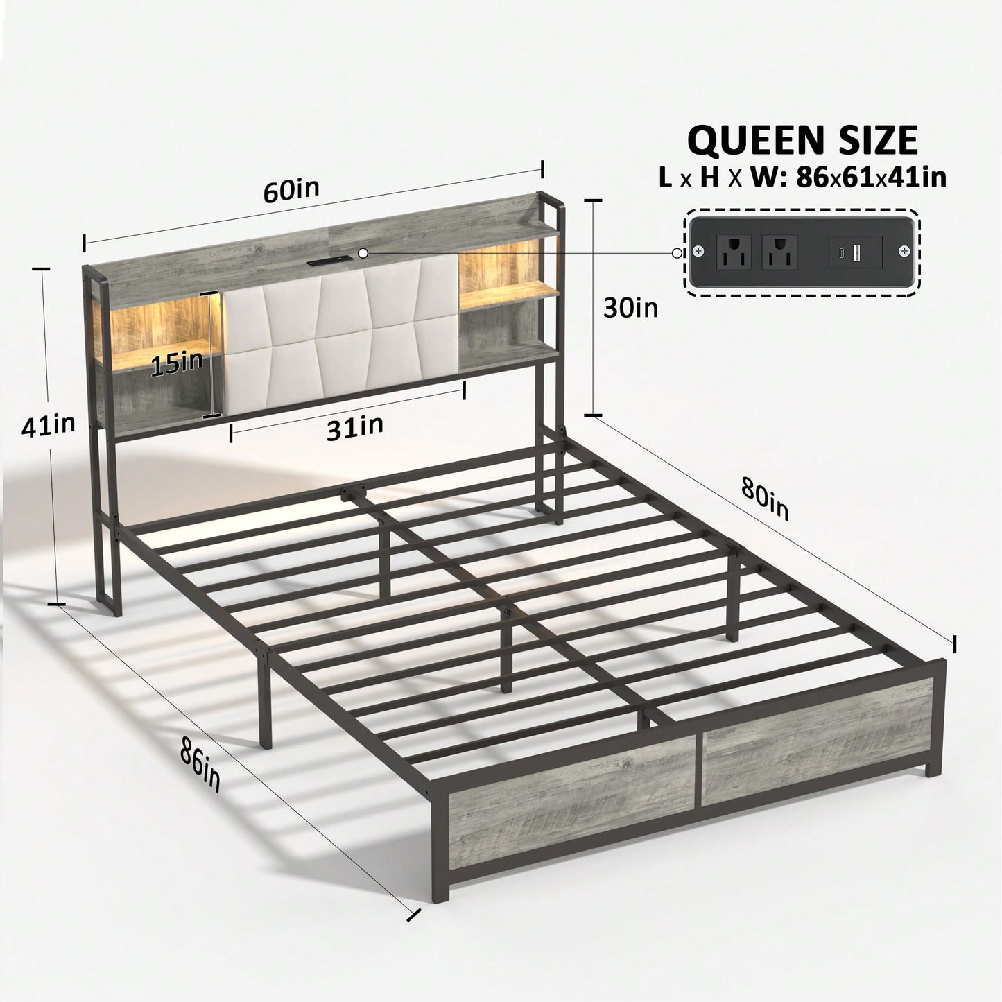 Queen Size Upholstered Platform Bed Frame with LED Lights Power Outlet Storage Sturdy Metal Slats Easy Assembly Noise-Free Design