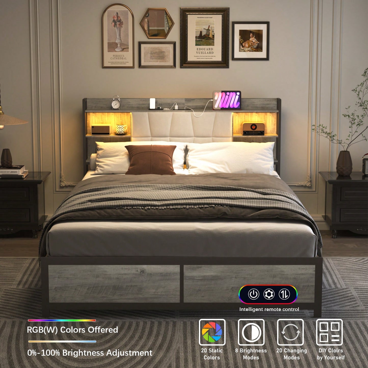 Queen Size Upholstered Platform Bed Frame with LED Lights Power Outlet Storage Sturdy Metal Slats Easy Assembly Noise-Free Design