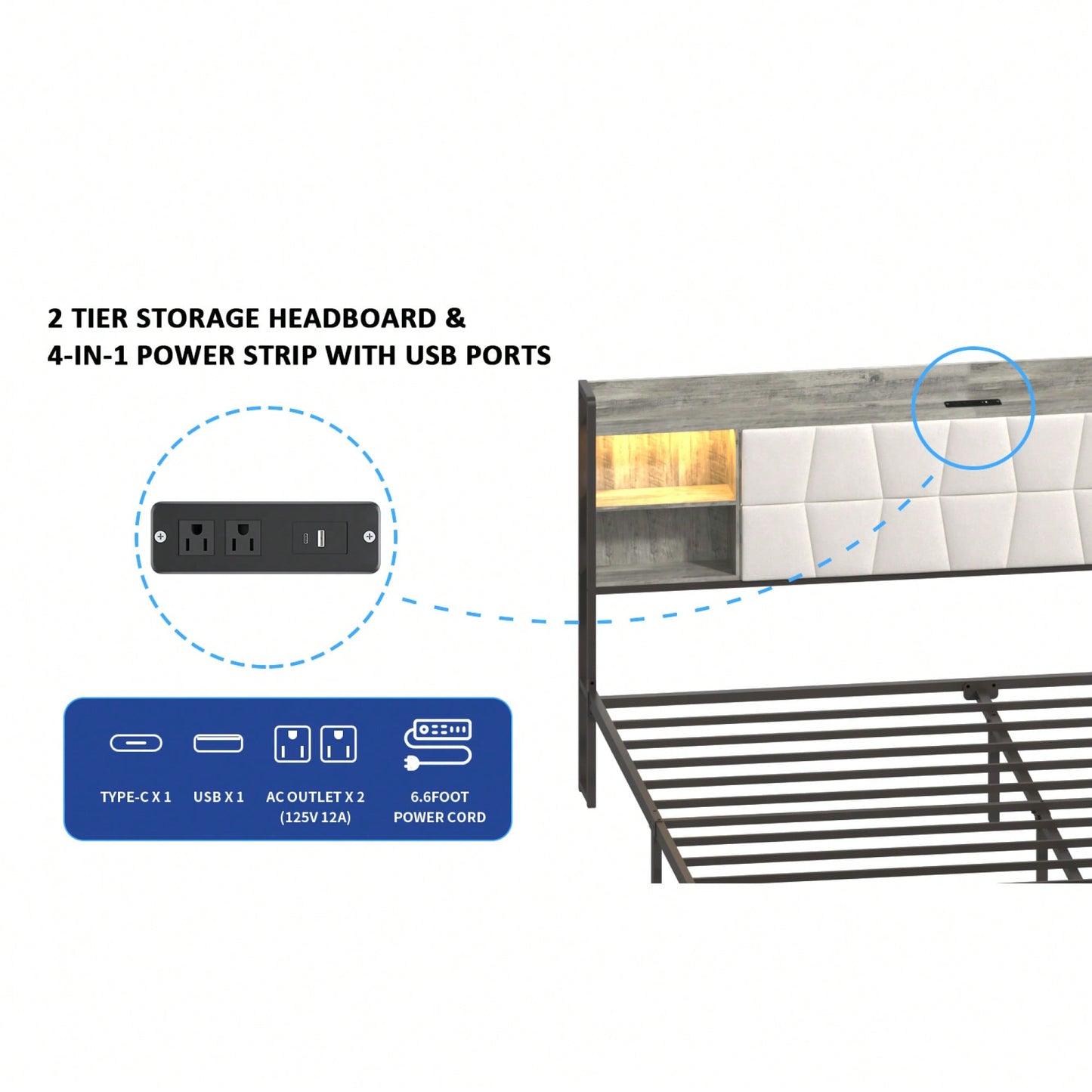 Queen Size Upholstered Platform Bed Frame with LED Lights Power Outlet Storage Sturdy Metal Slats Easy Assembly Noise-Free Design
