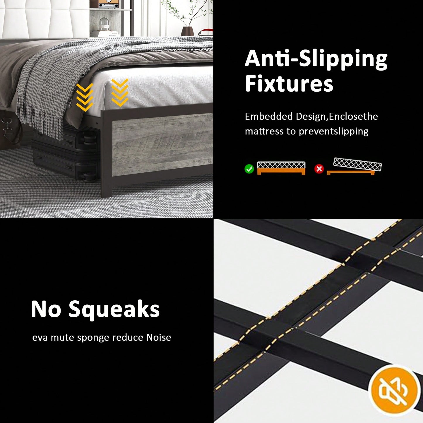 Queen Size Upholstered Platform Bed Frame with LED Lights Power Outlet Storage Sturdy Metal Slats Easy Assembly Noise-Free Design