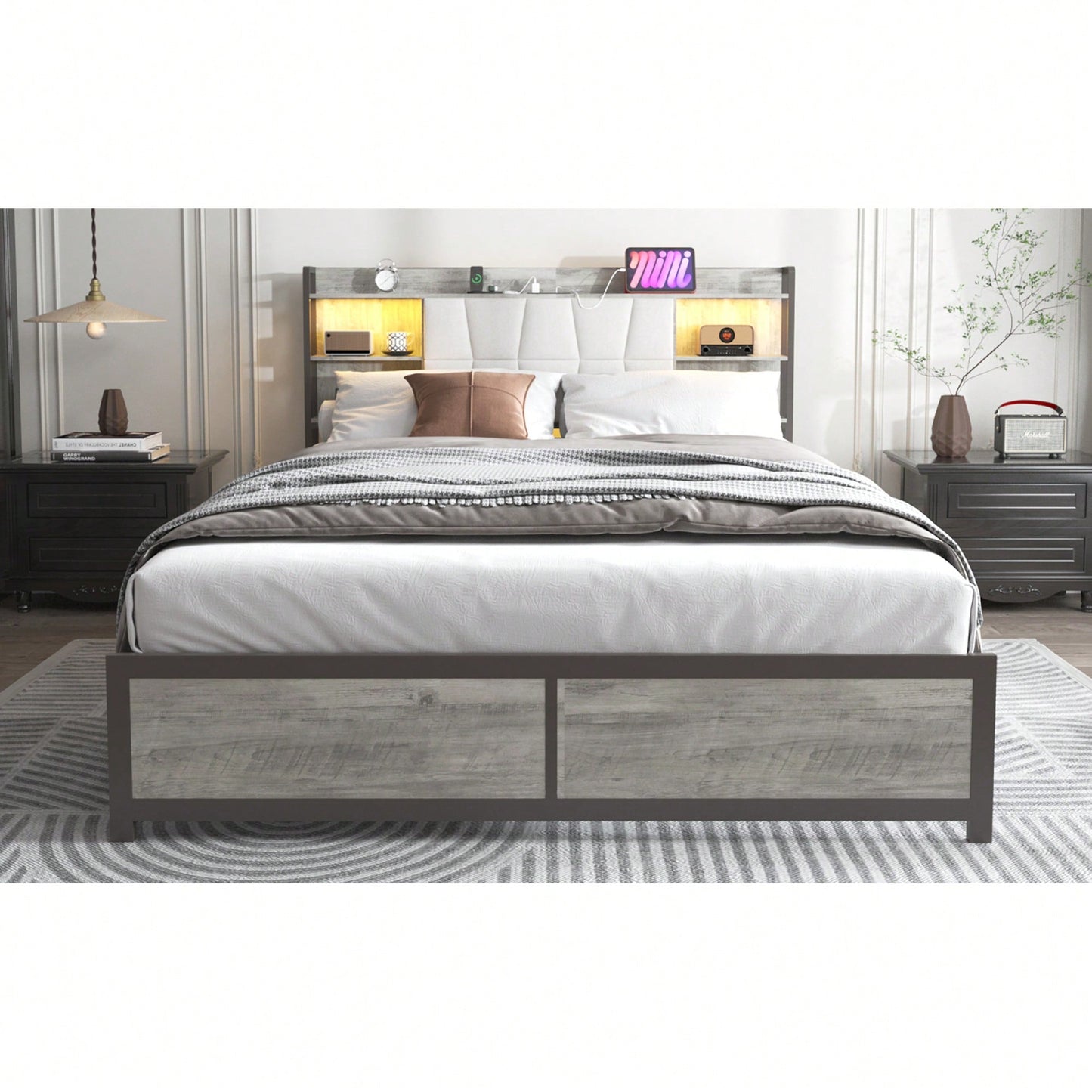 Queen Size Upholstered Platform Bed Frame with LED Lights Power Outlet Storage Sturdy Metal Slats Easy Assembly Noise-Free Design