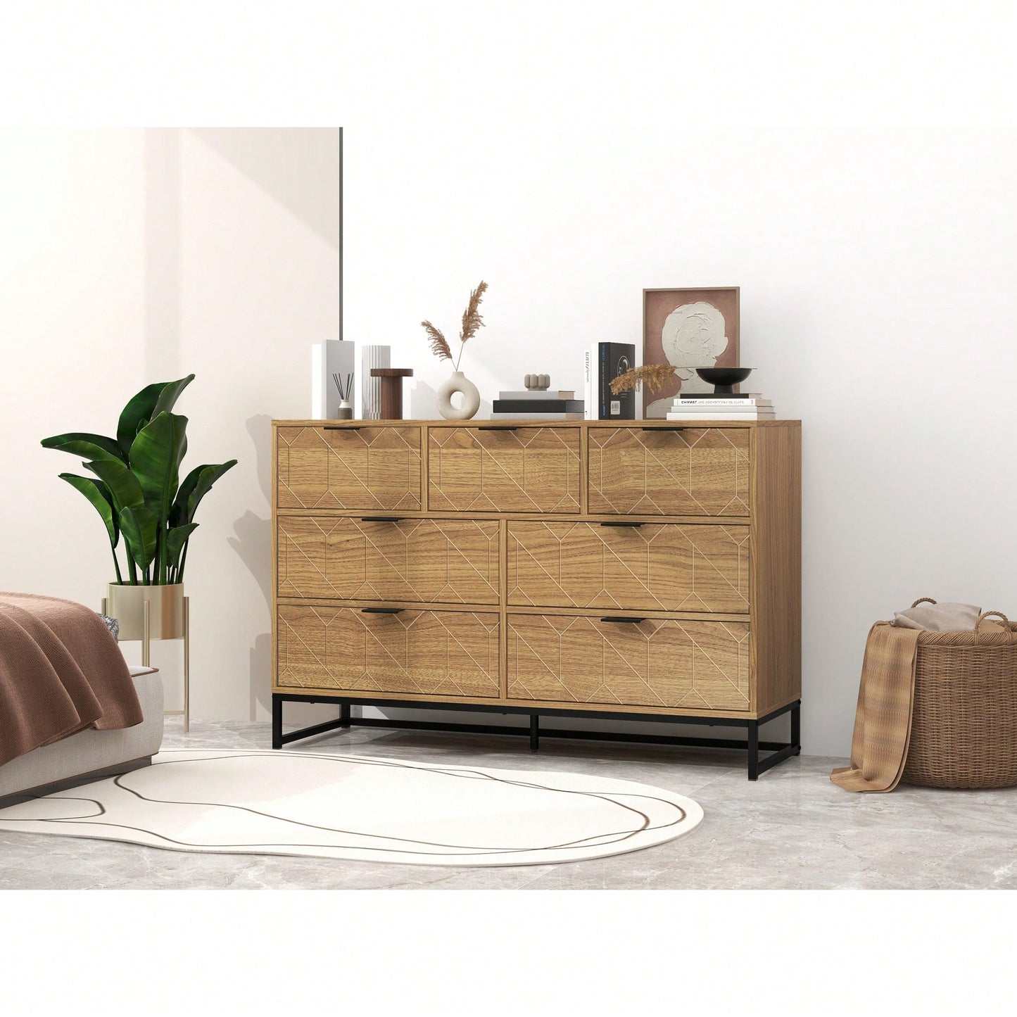 Elegant Walnut Finish 7 Drawer Wooden Dresser Storage Cabinet For Bedroom Organization