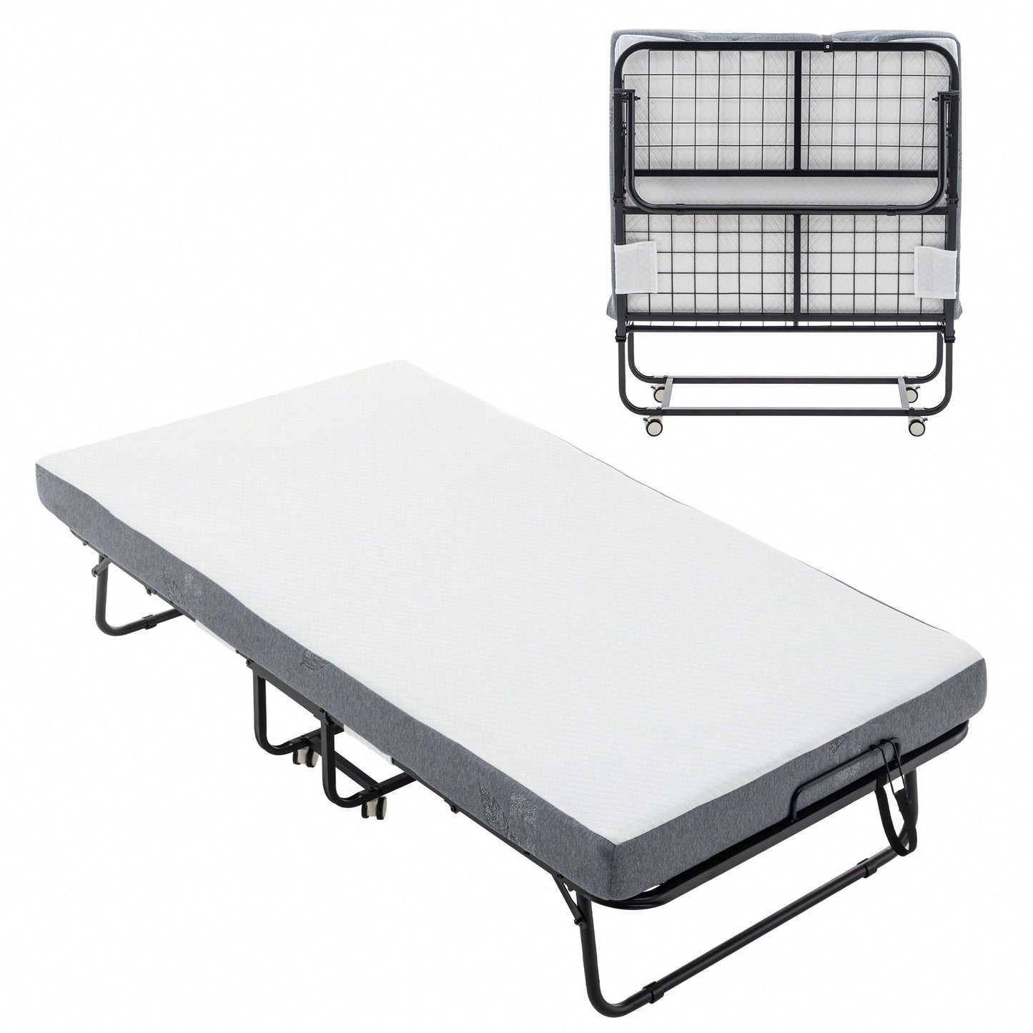 Portable Folding Bed With Memory Foam Mattress And Metal Frame, Rollaway Guest Bed On Wheels For Adults, Cot Size 75 X 38 With Storage Cover