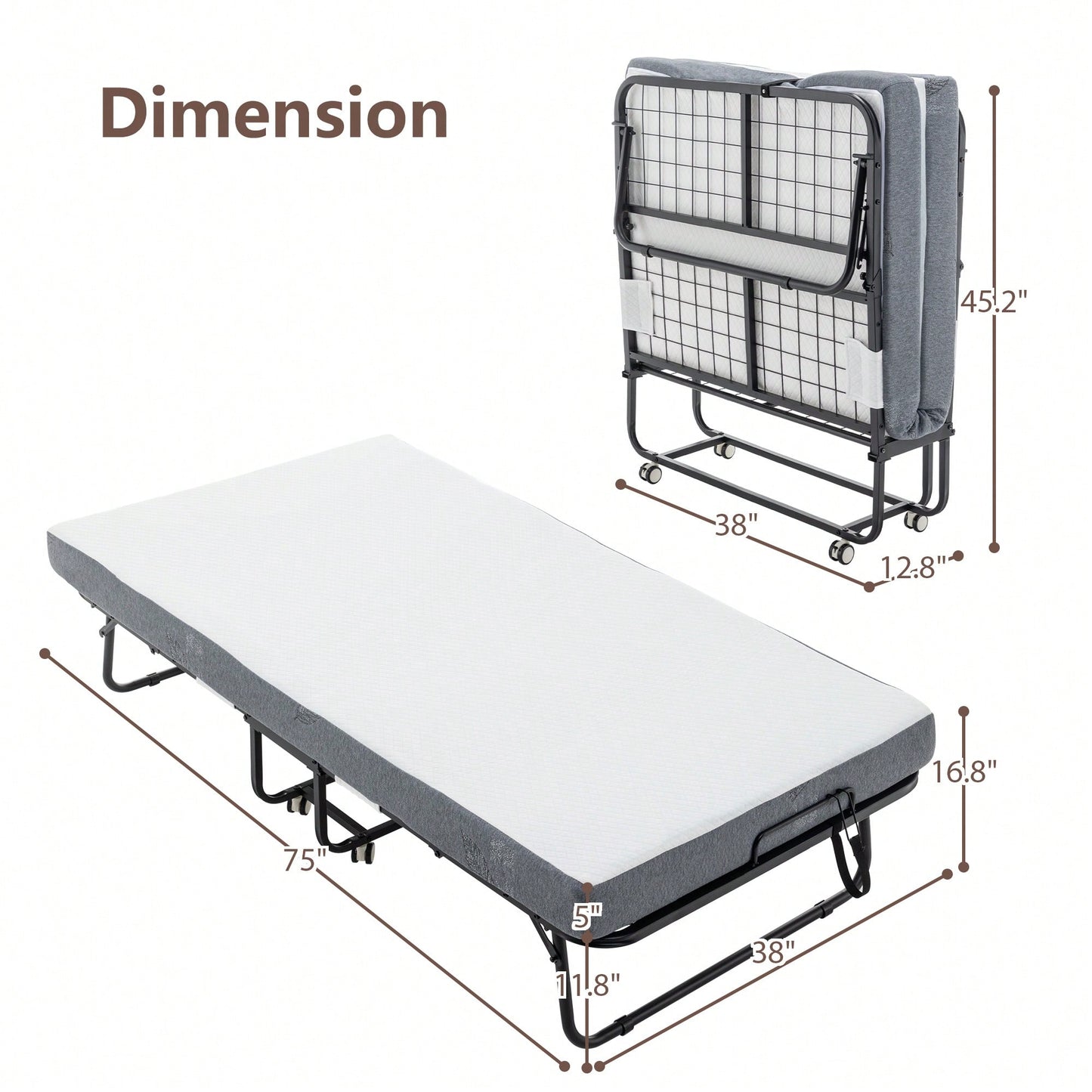 Portable Folding Bed With Memory Foam Mattress And Metal Frame, Rollaway Guest Bed On Wheels For Adults, Cot Size 75 X 38 With Storage Cover