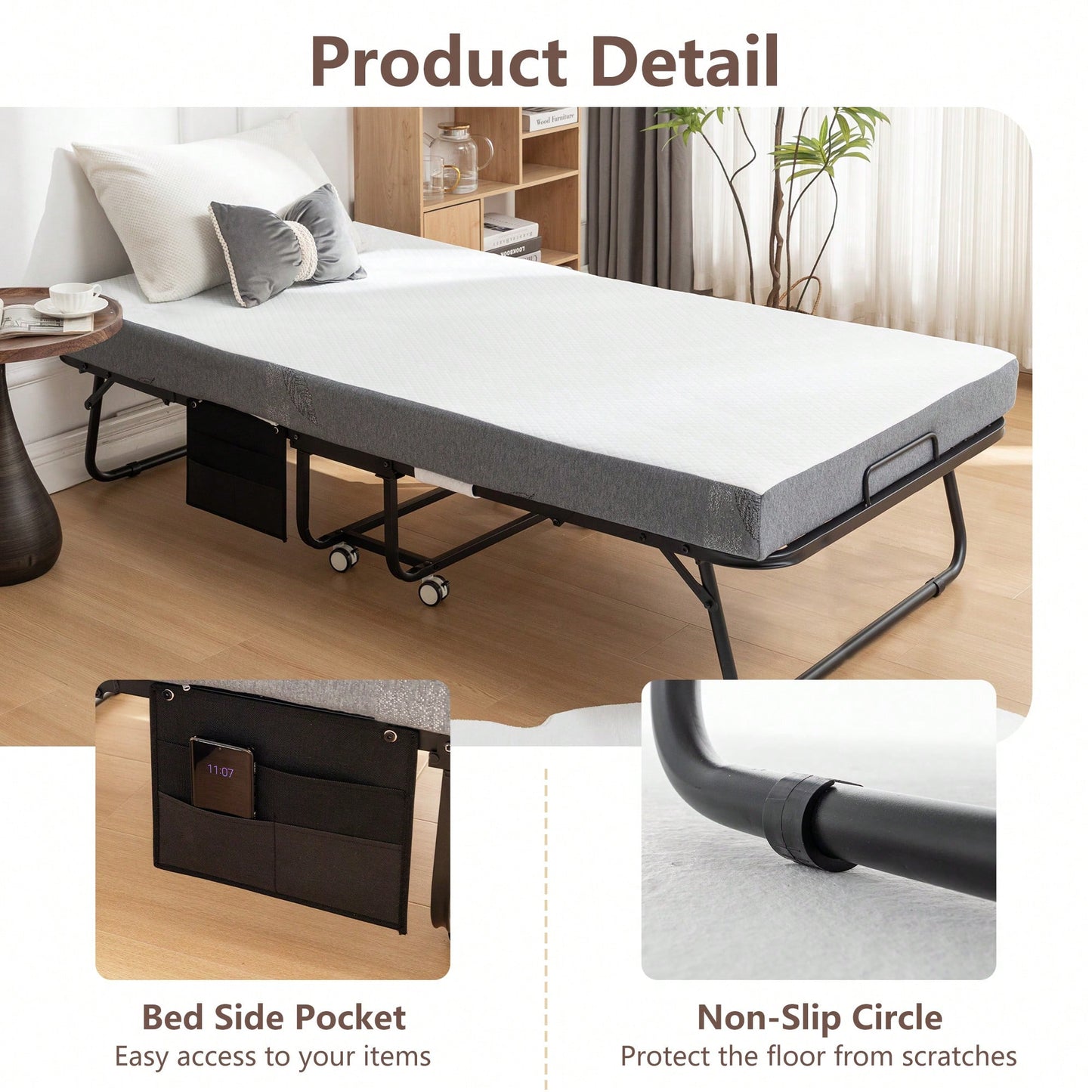 Portable Folding Bed With Memory Foam Mattress And Metal Frame, Rollaway Guest Bed On Wheels For Adults, Cot Size 75 X 38 With Storage Cover
