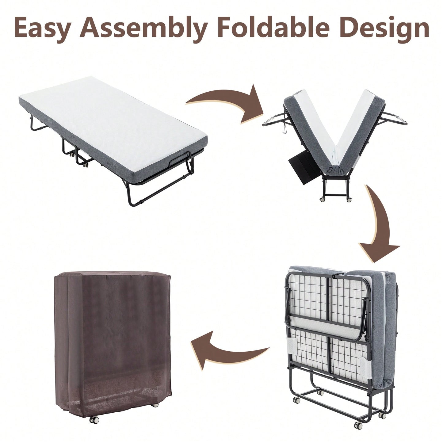 Portable Folding Bed With Memory Foam Mattress And Metal Frame, Rollaway Guest Bed On Wheels For Adults, Cot Size 75 X 38 With Storage Cover