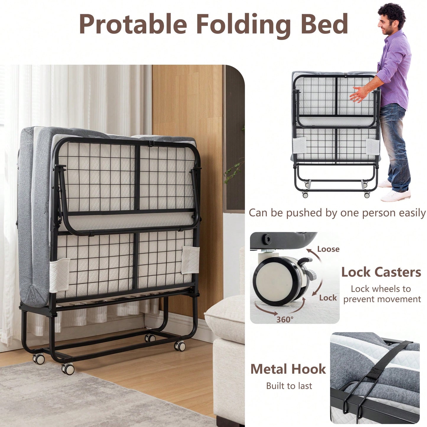Portable Folding Bed With Memory Foam Mattress And Metal Frame, Rollaway Guest Bed On Wheels For Adults, Cot Size 75 X 38 With Storage Cover