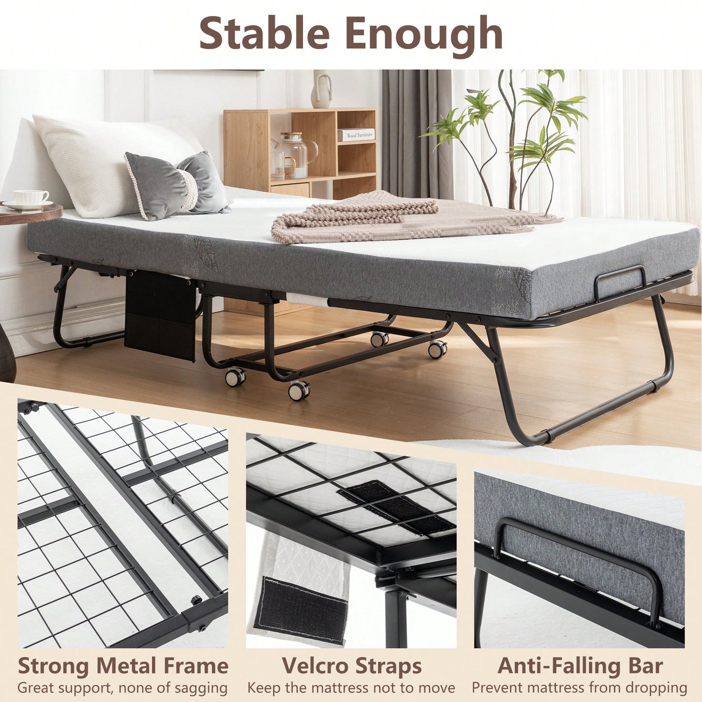 Portable Folding Bed With Memory Foam Mattress And Metal Frame, Rollaway Guest Bed On Wheels For Adults, Cot Size 75 X 38 With Storage Cover