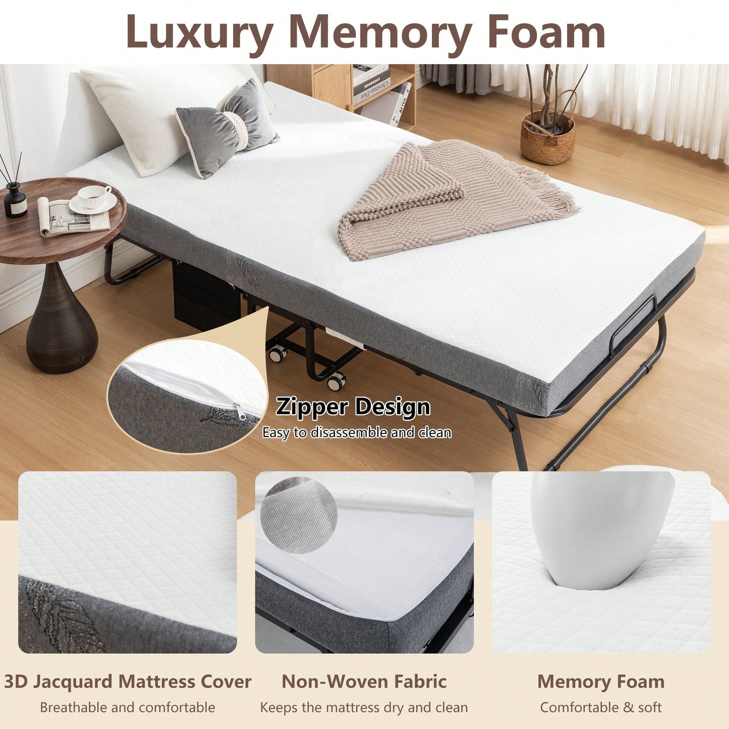Portable Folding Bed With Memory Foam Mattress And Metal Frame, Rollaway Guest Bed On Wheels For Adults, Cot Size 75 X 38 With Storage Cover