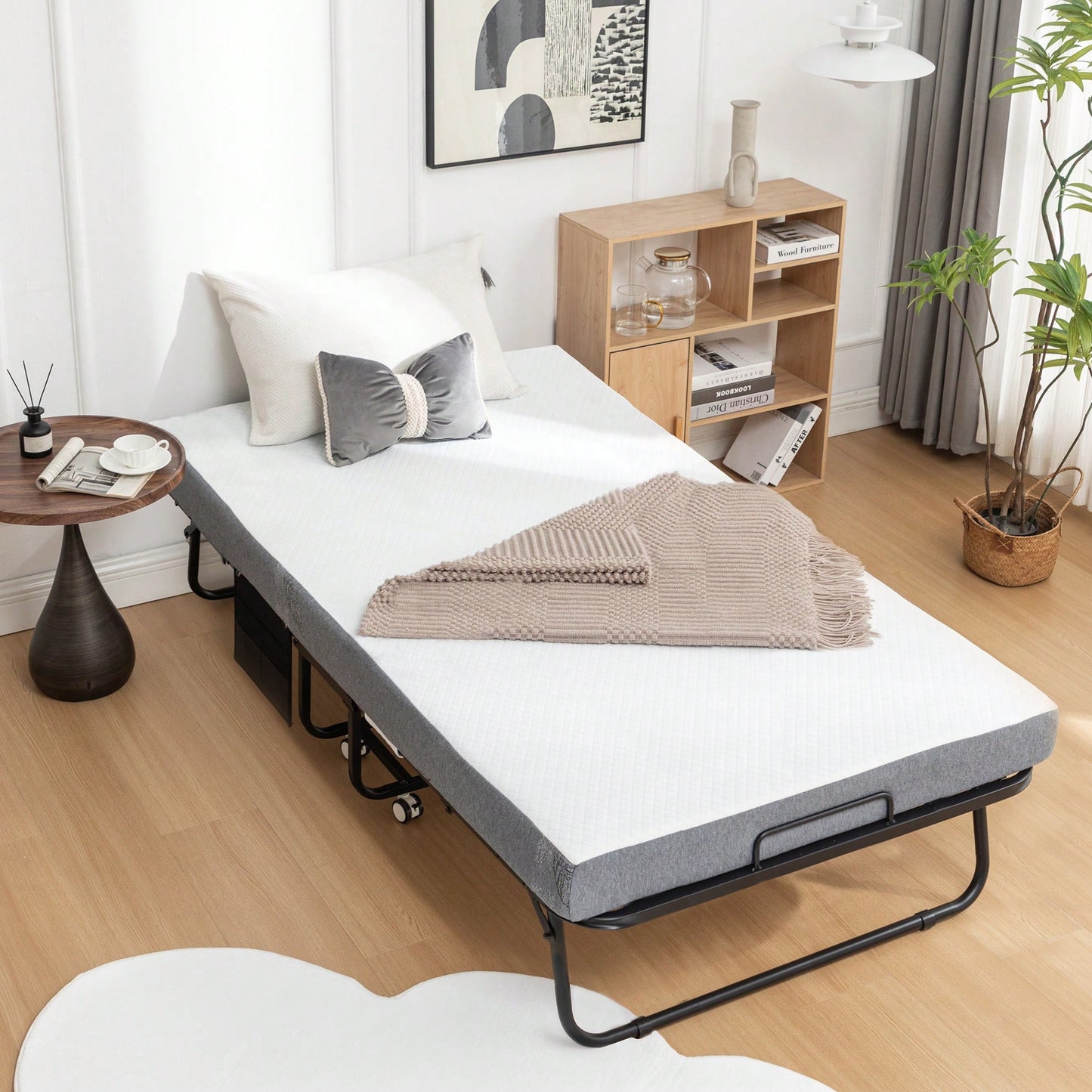 Portable Folding Bed With Memory Foam Mattress And Metal Frame, Rollaway Guest Bed On Wheels For Adults, Cot Size 75 X 38 With Storage Cover