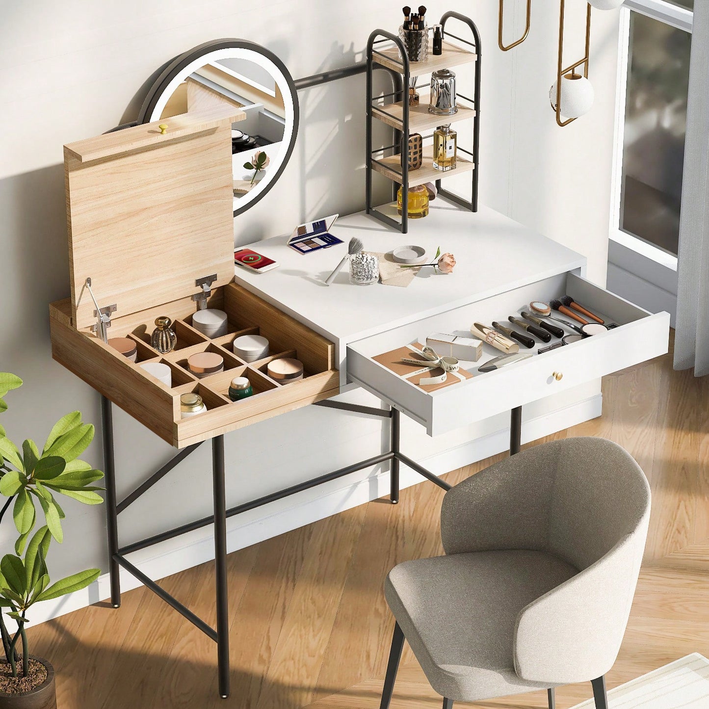 Stylish Black Makeup Vanity Desk with Tri-Mode Lighted Mirror and Wireless Charger for Bedroom Storage
