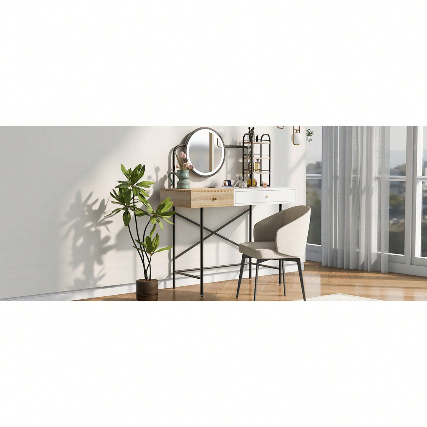 Stylish Black Makeup Vanity Desk with Tri-Mode Lighted Mirror and Wireless Charger for Bedroom Storage