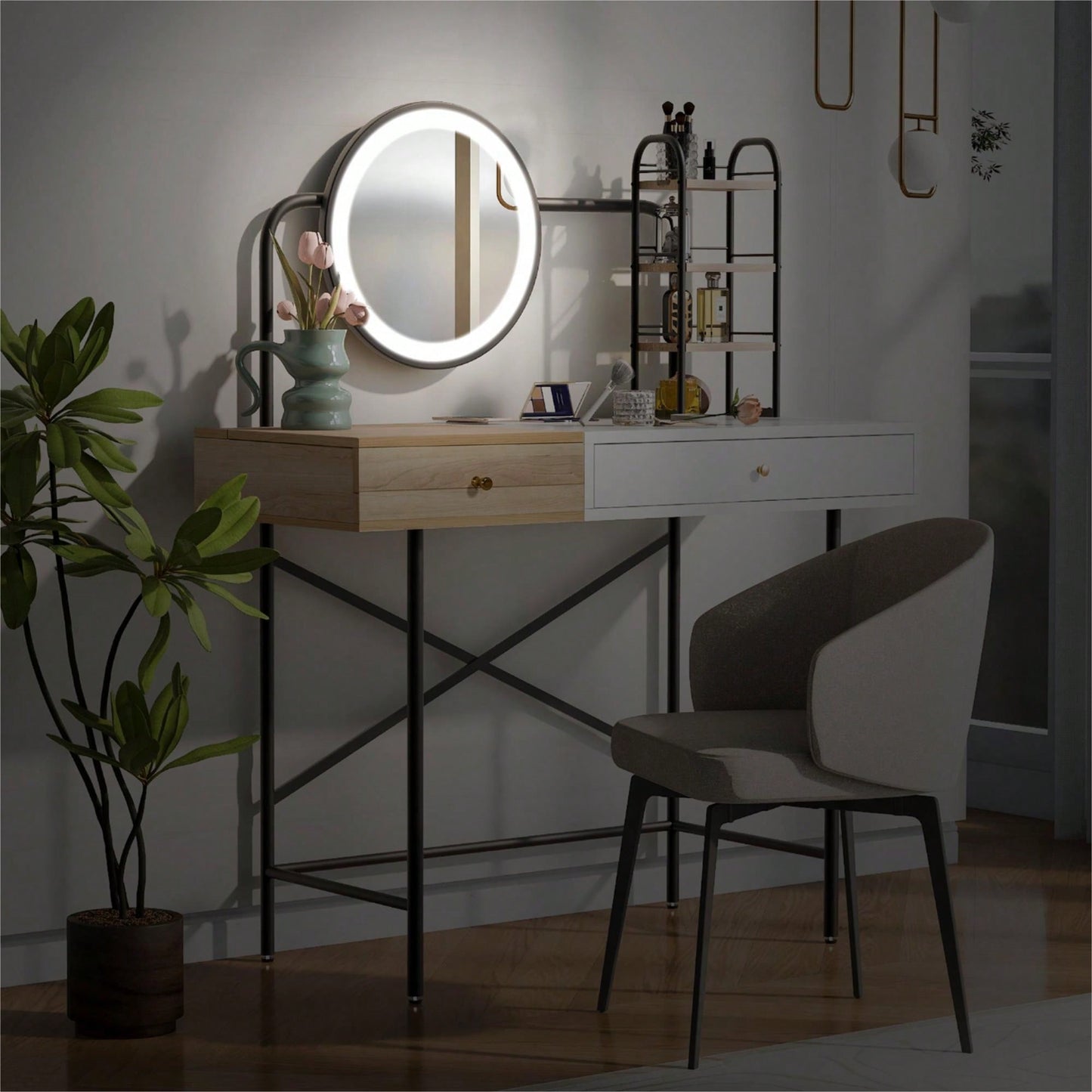 Stylish Black Makeup Vanity Desk with Tri-Mode Lighted Mirror and Wireless Charger for Bedroom Storage