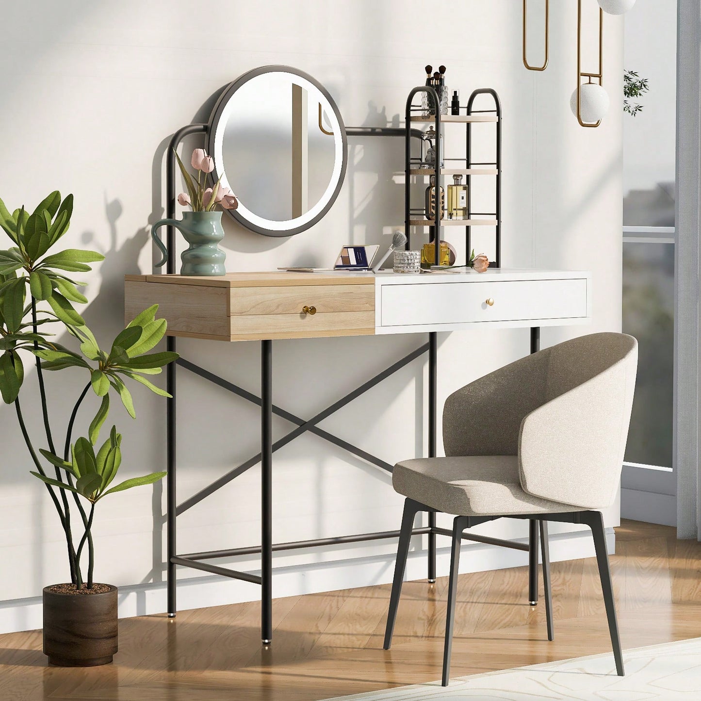 Stylish Black Makeup Vanity Desk with Tri-Mode Lighted Mirror and Wireless Charger for Bedroom Storage