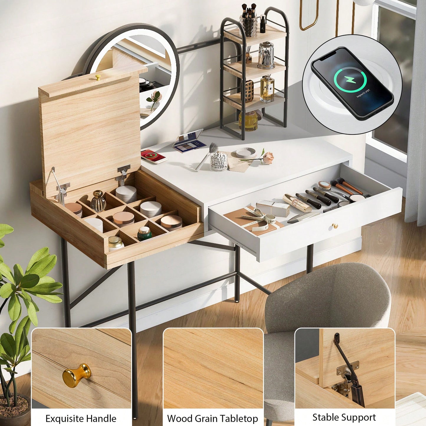 Stylish Black Makeup Vanity Desk with Tri-Mode Lighted Mirror and Wireless Charger for Bedroom Storage