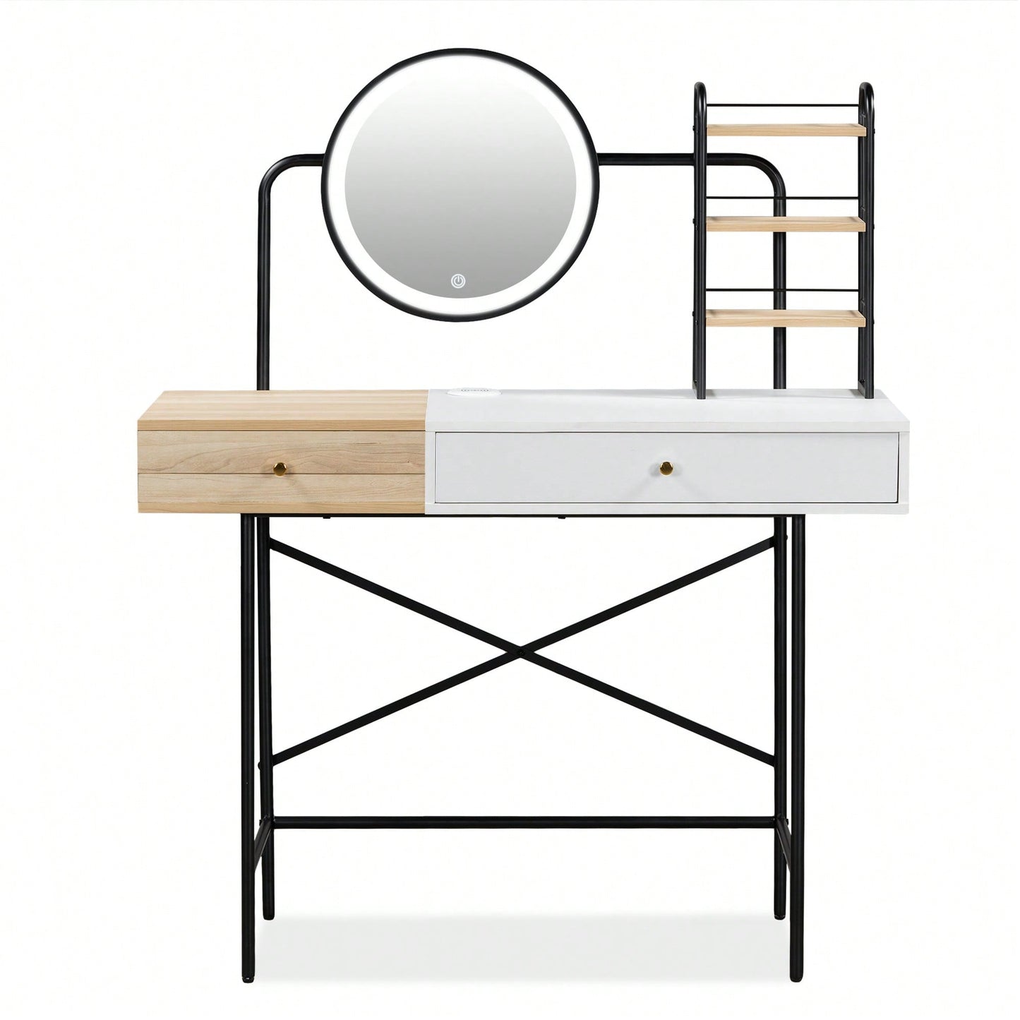Stylish Black Makeup Vanity Desk with Tri-Mode Lighted Mirror and Wireless Charger for Bedroom Storage