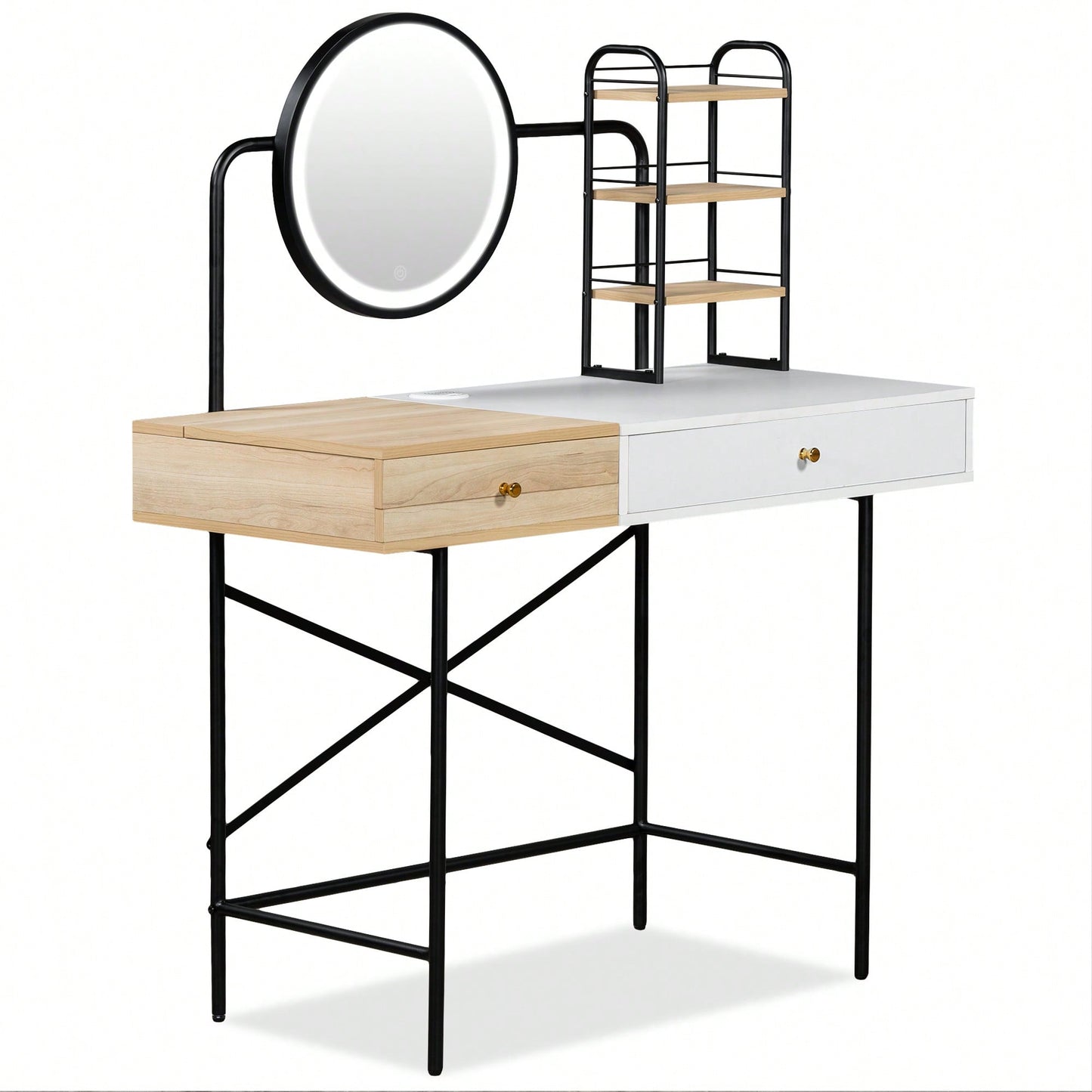 Stylish Black Makeup Vanity Desk with Tri-Mode Lighted Mirror and Wireless Charger for Bedroom Storage