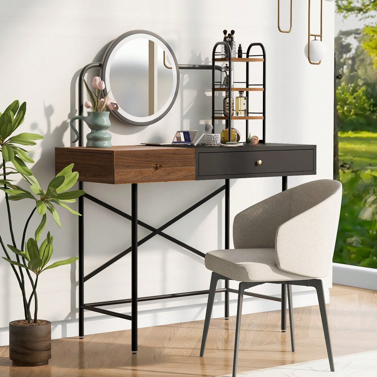 Stylish Black Makeup Vanity Desk with Tri-Mode Lighted Mirror and Wireless Charger for Bedroom Storage