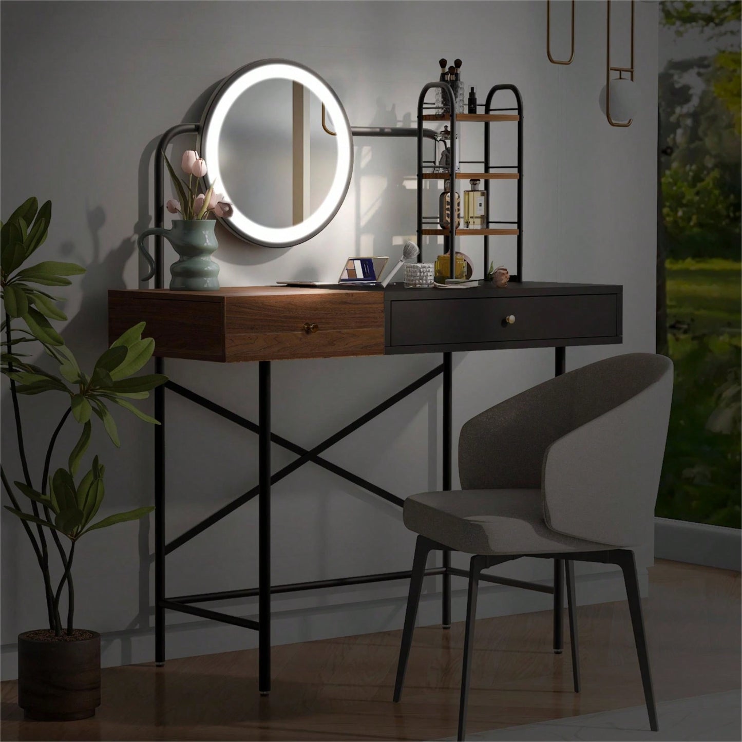 Stylish Black Makeup Vanity Desk with Tri-Mode Lighted Mirror and Wireless Charger for Bedroom Storage
