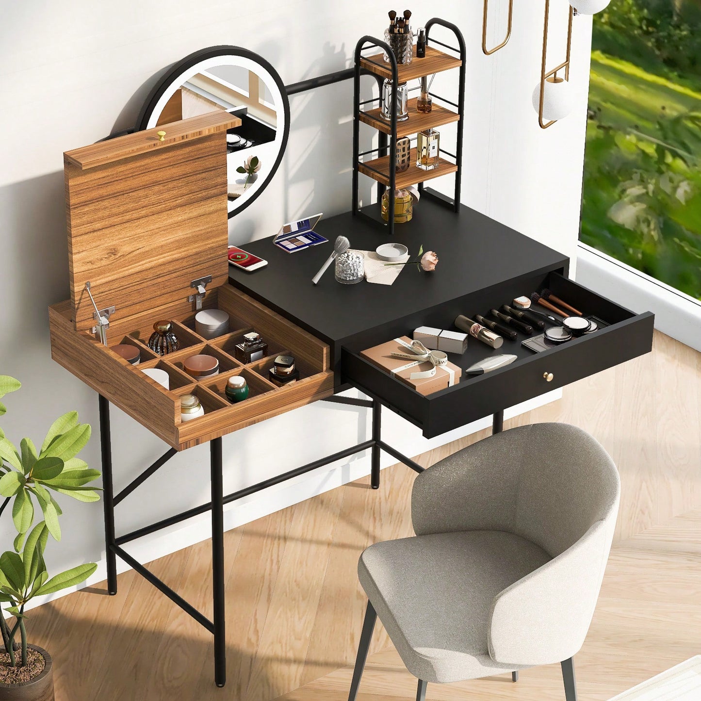 Stylish Black Makeup Vanity Desk with Tri-Mode Lighted Mirror and Wireless Charger for Bedroom Storage