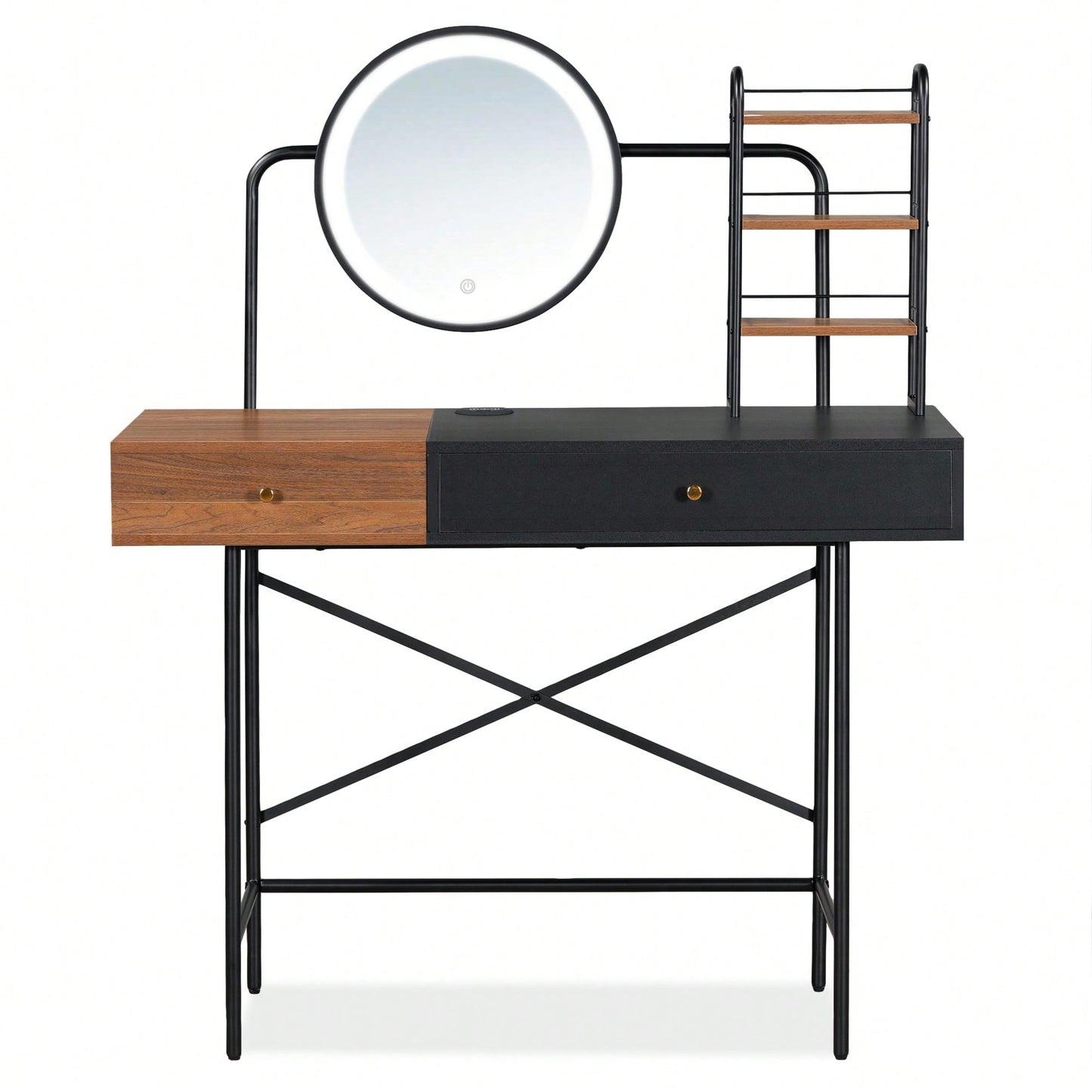 Stylish Black Makeup Vanity Desk with Tri-Mode Lighted Mirror and Wireless Charger for Bedroom Storage