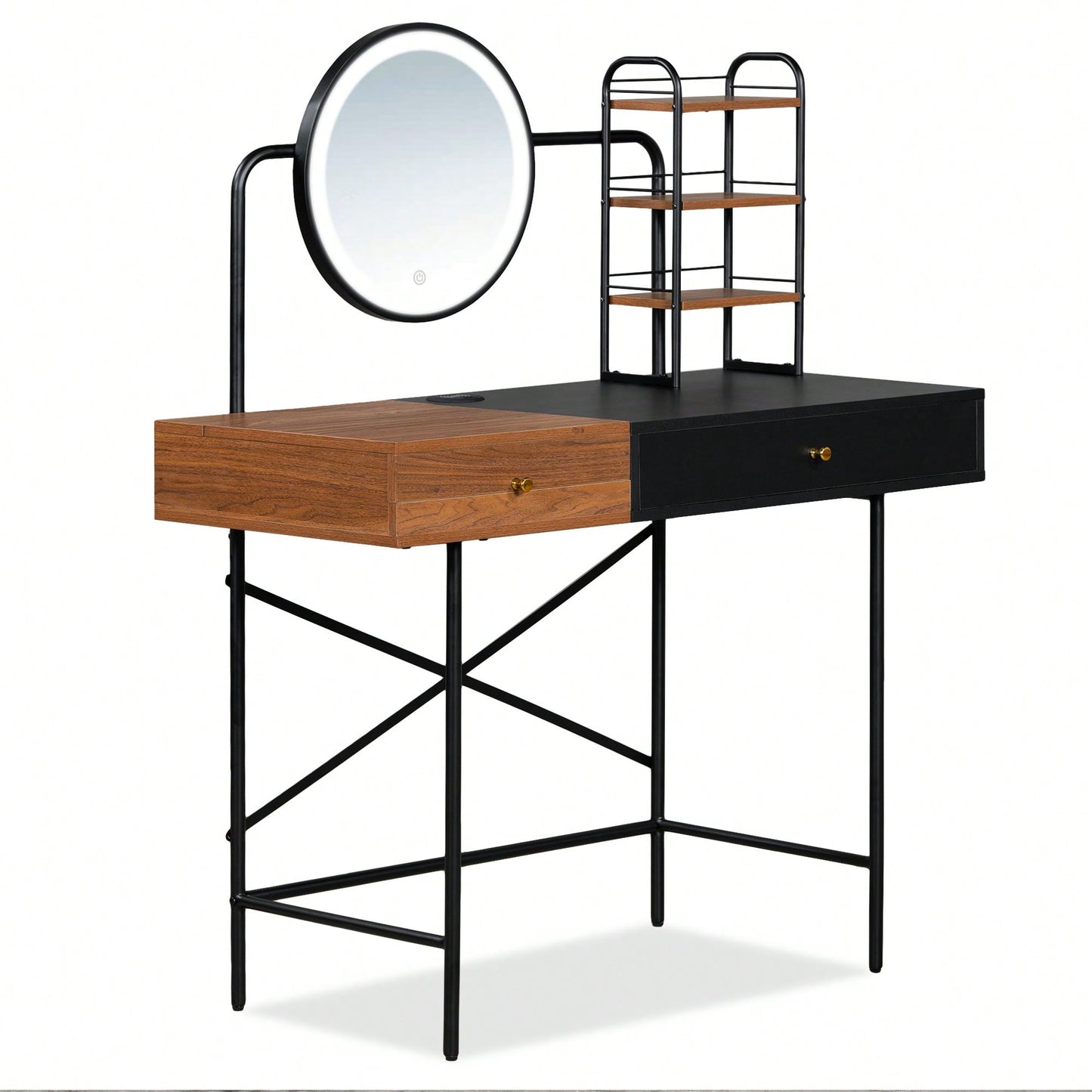 Stylish Black Makeup Vanity Desk with Tri-Mode Lighted Mirror and Wireless Charger for Bedroom Storage