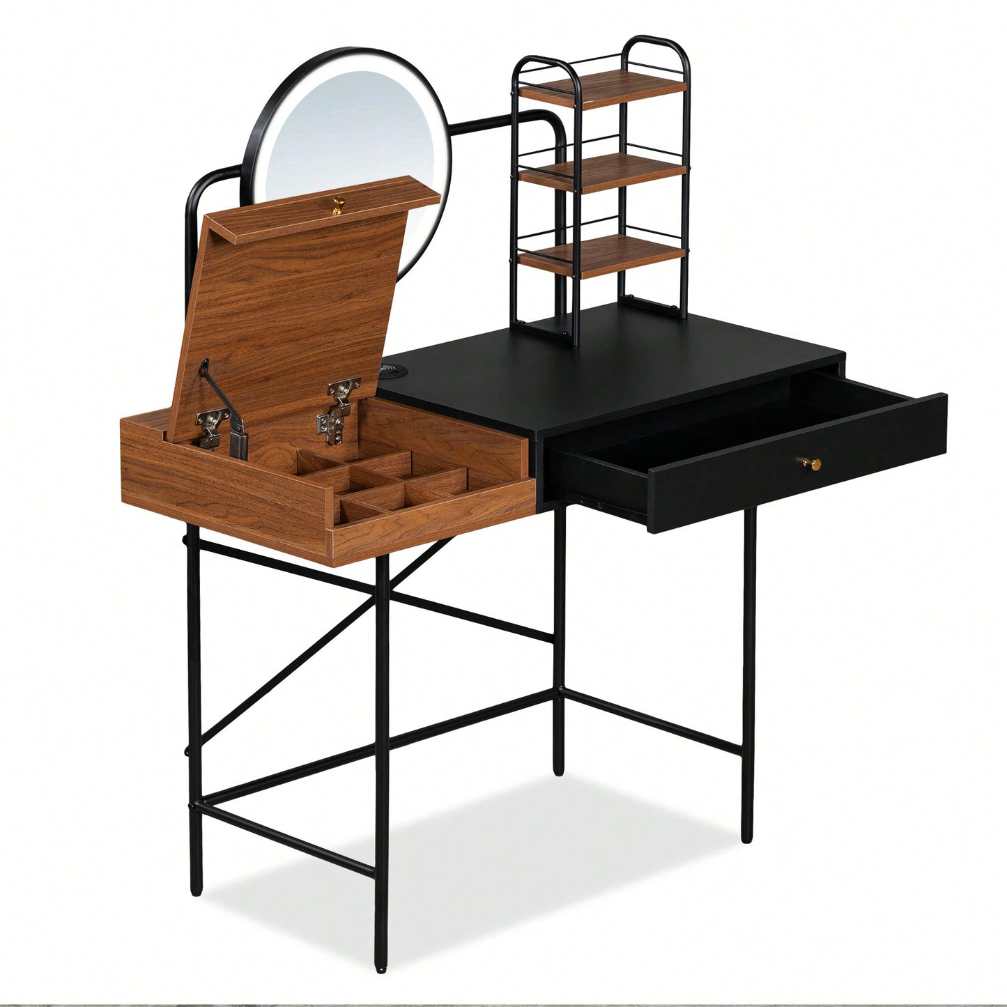 Stylish Black Makeup Vanity Desk with Tri-Mode Lighted Mirror and Wireless Charger for Bedroom Storage