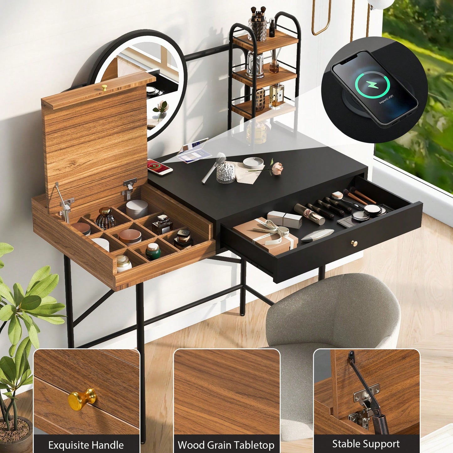 Stylish Black Makeup Vanity Desk with Tri-Mode Lighted Mirror and Wireless Charger for Bedroom Storage
