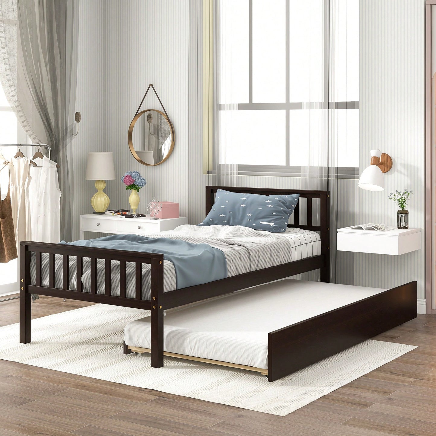 Space-Saving Twin Bed With Trundle And Headboard, No Box Spring Required, Ideal For Small Bedrooms And Living Spaces, White Finish