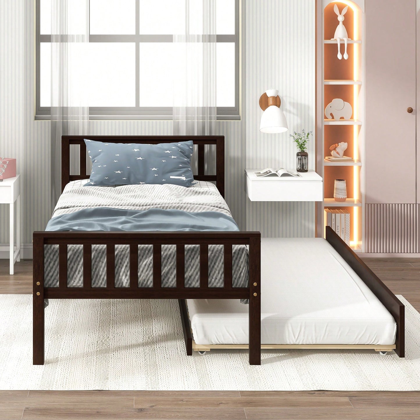 Space-Saving Twin Bed With Trundle And Headboard, No Box Spring Required, Ideal For Small Bedrooms And Living Spaces, White Finish