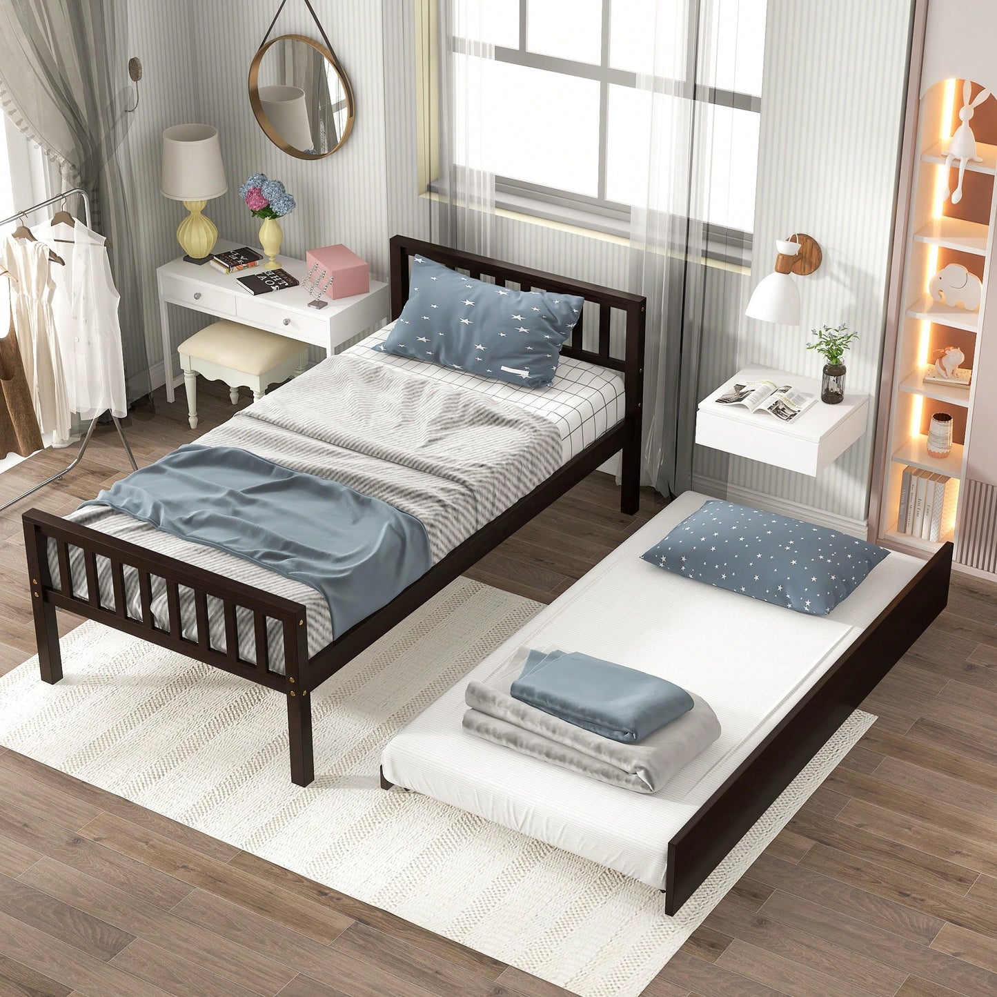 Space-Saving Twin Bed With Trundle And Headboard, No Box Spring Required, Ideal For Small Bedrooms And Living Spaces, White Finish