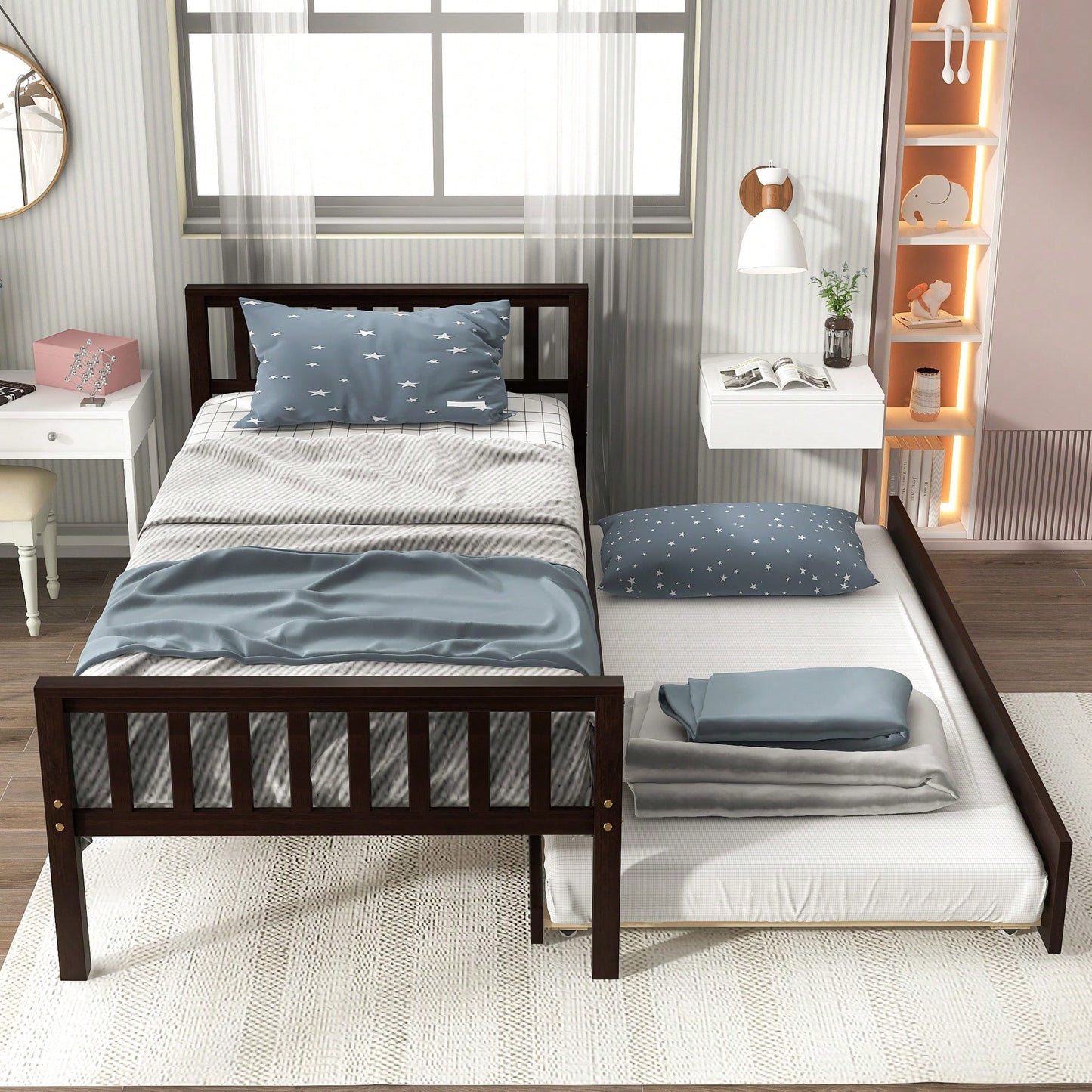 Space-Saving Twin Bed With Trundle And Headboard, No Box Spring Required, Ideal For Small Bedrooms And Living Spaces, White Finish