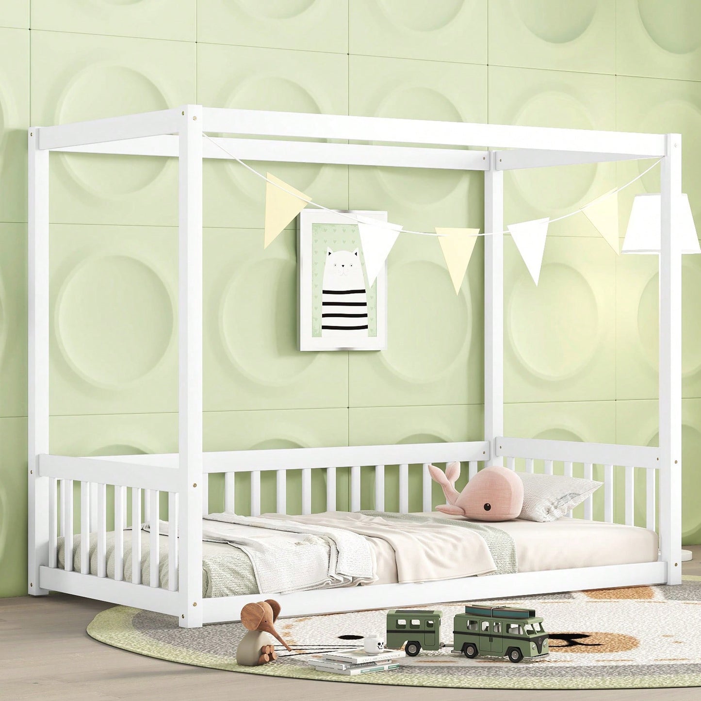 Twin Size Canopy Floor Bed With Guardrails And Fence In Grey