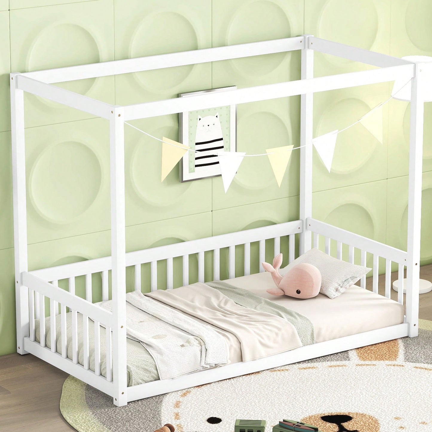 Twin Size Canopy Floor Bed With Guardrails And Fence In Grey