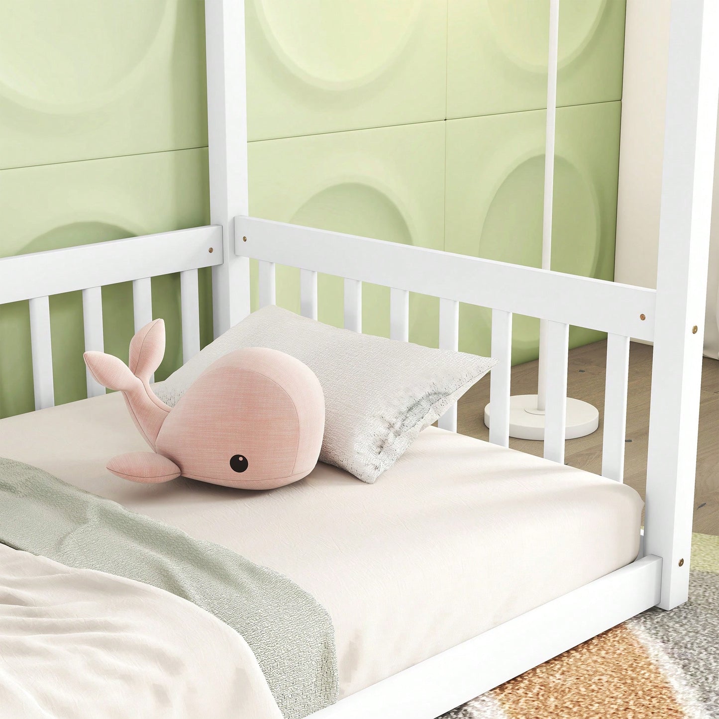 Twin Size Canopy Floor Bed With Guardrails And Fence In Grey
