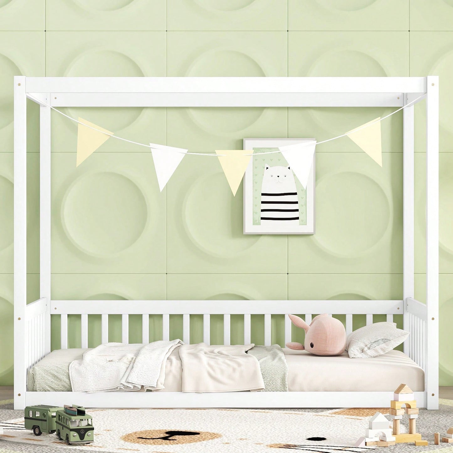 Twin Size Canopy Floor Bed With Guardrails And Fence In Grey