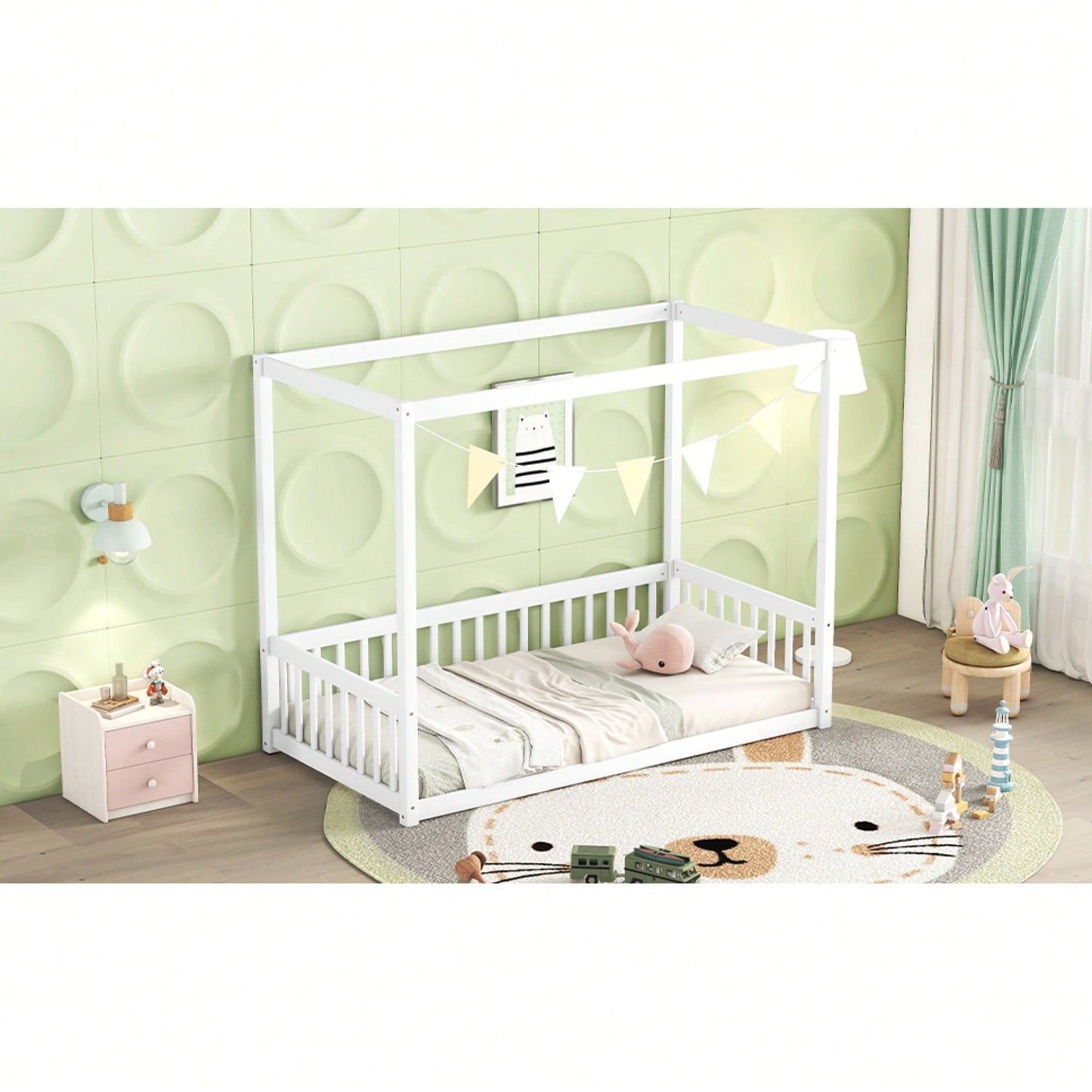 Twin Size Canopy Floor Bed With Guardrails And Fence In Grey