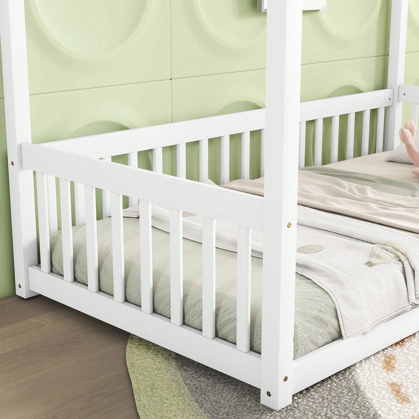 Twin Size Canopy Floor Bed With Guardrails And Fence In Grey