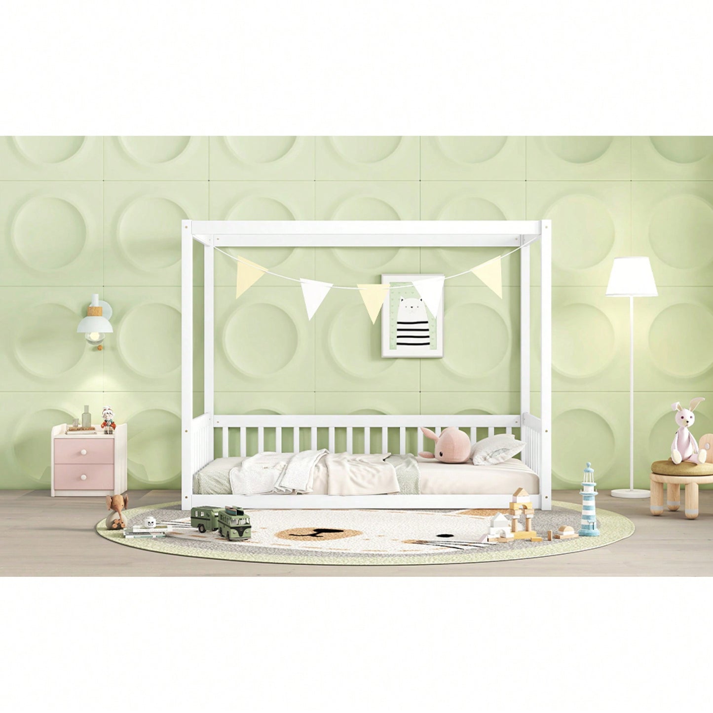 Twin Size Canopy Floor Bed With Guardrails And Fence In Grey