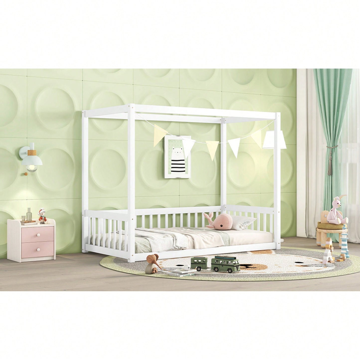 Twin Size Canopy Floor Bed With Guardrails And Fence In Grey