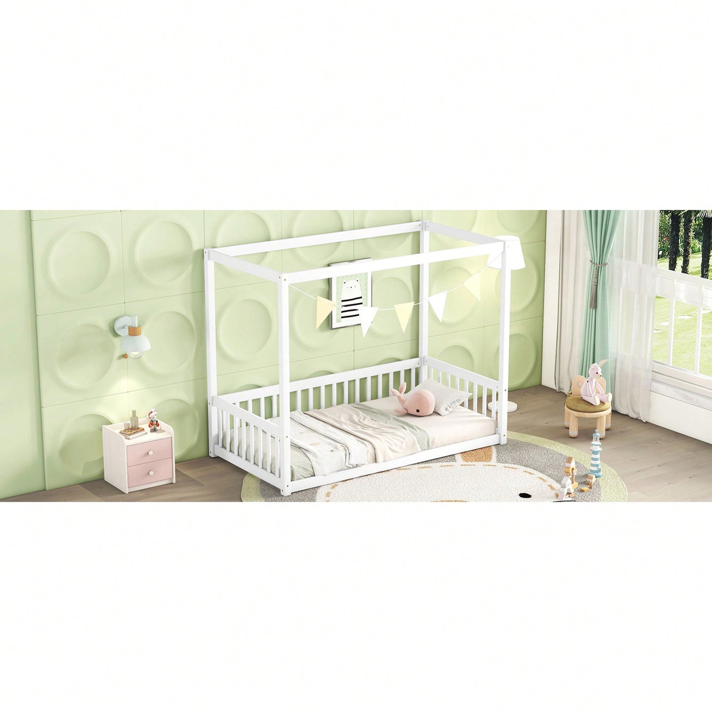 Twin Size Canopy Floor Bed With Guardrails And Fence In Grey