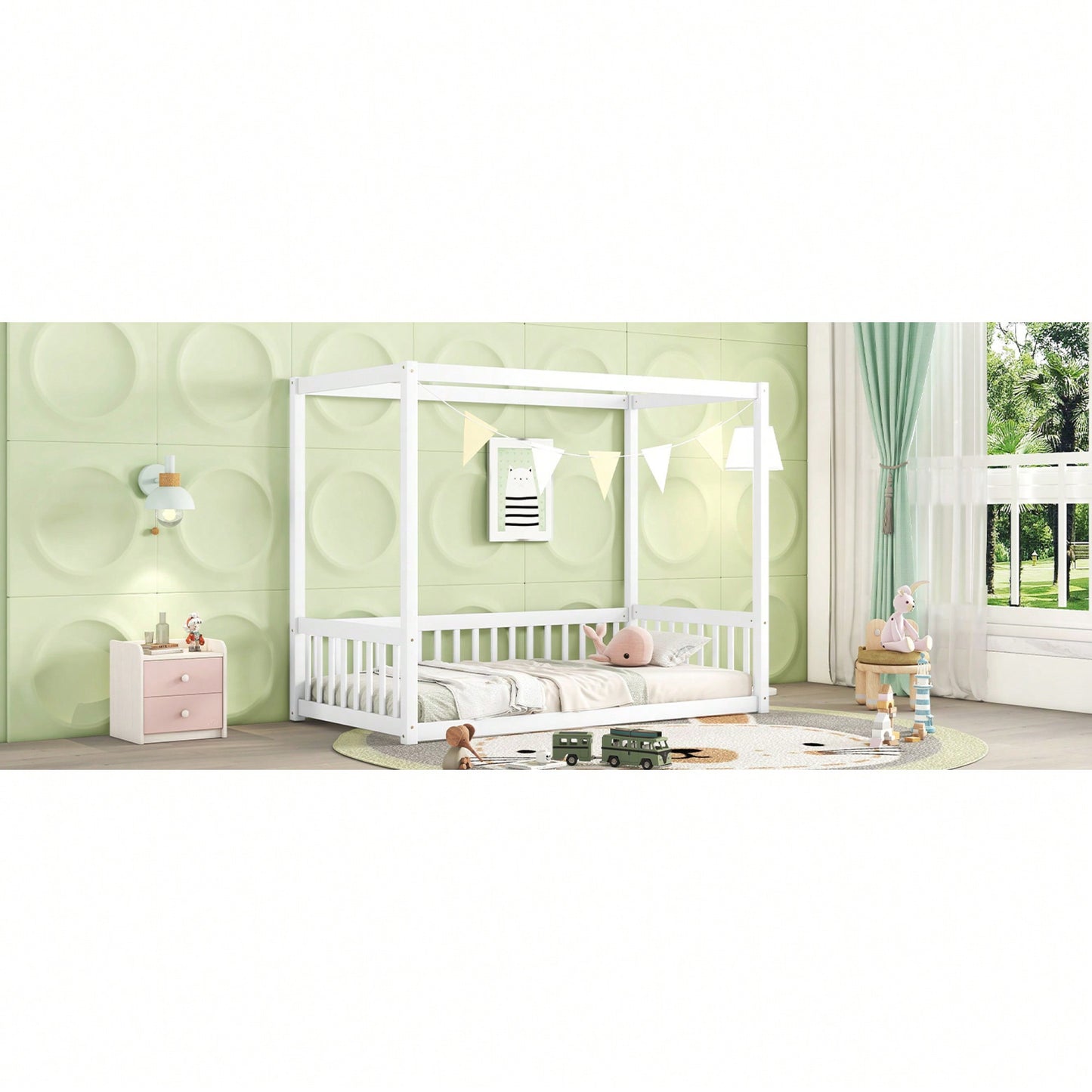 Twin Size Canopy Floor Bed With Guardrails And Fence In Grey