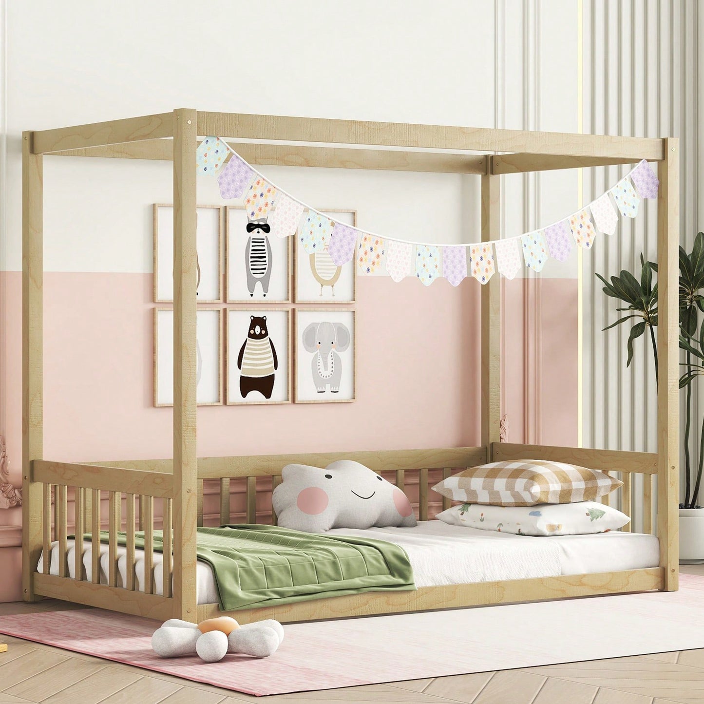 Twin Size Canopy Floor Bed With Guardrails And Fence In Grey